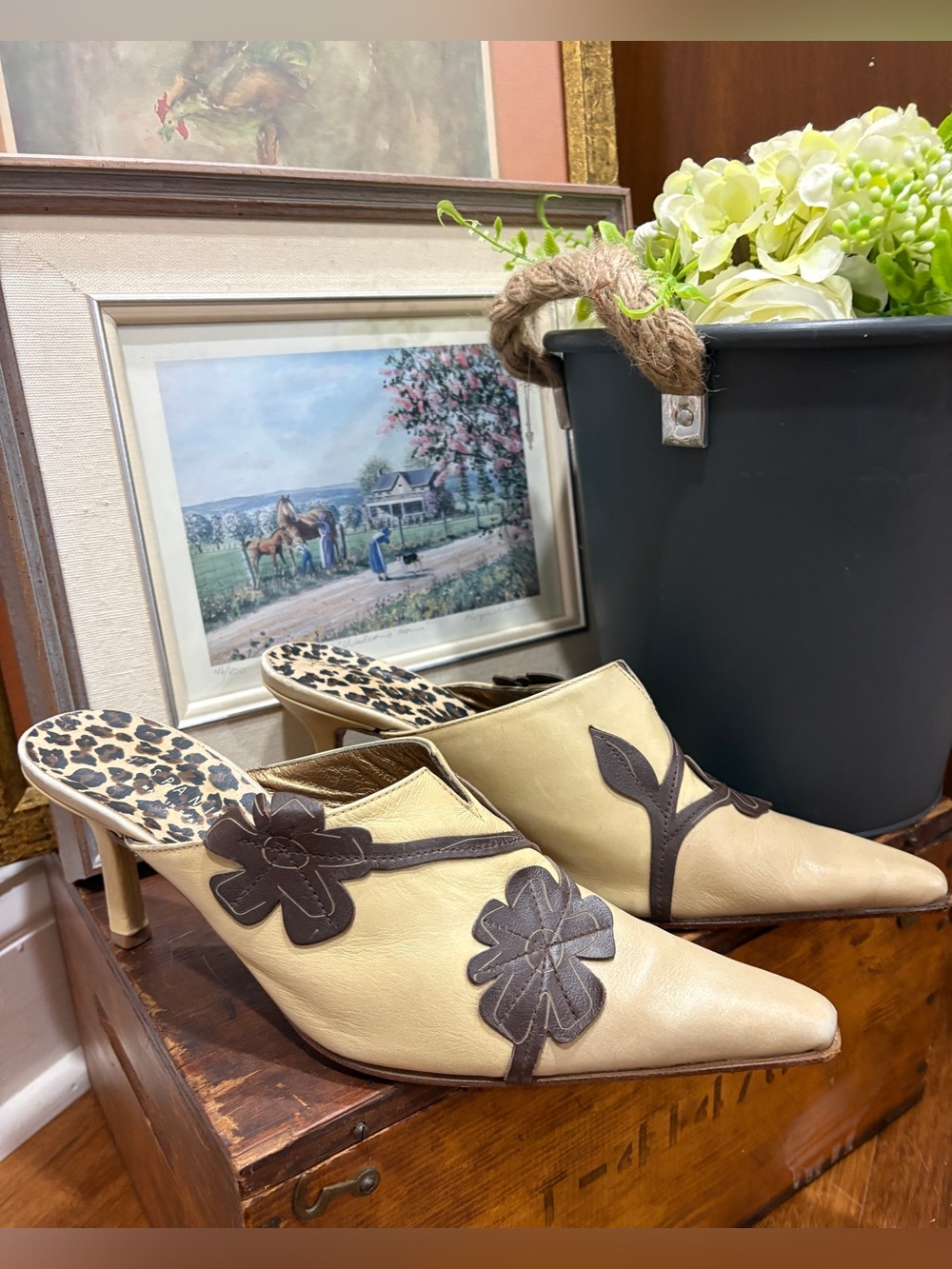 Vintage Hispanitas 90s/Y2K Heeled Mules Yellow Cream and Brown Floral Point Toe - Picture 8 of 8